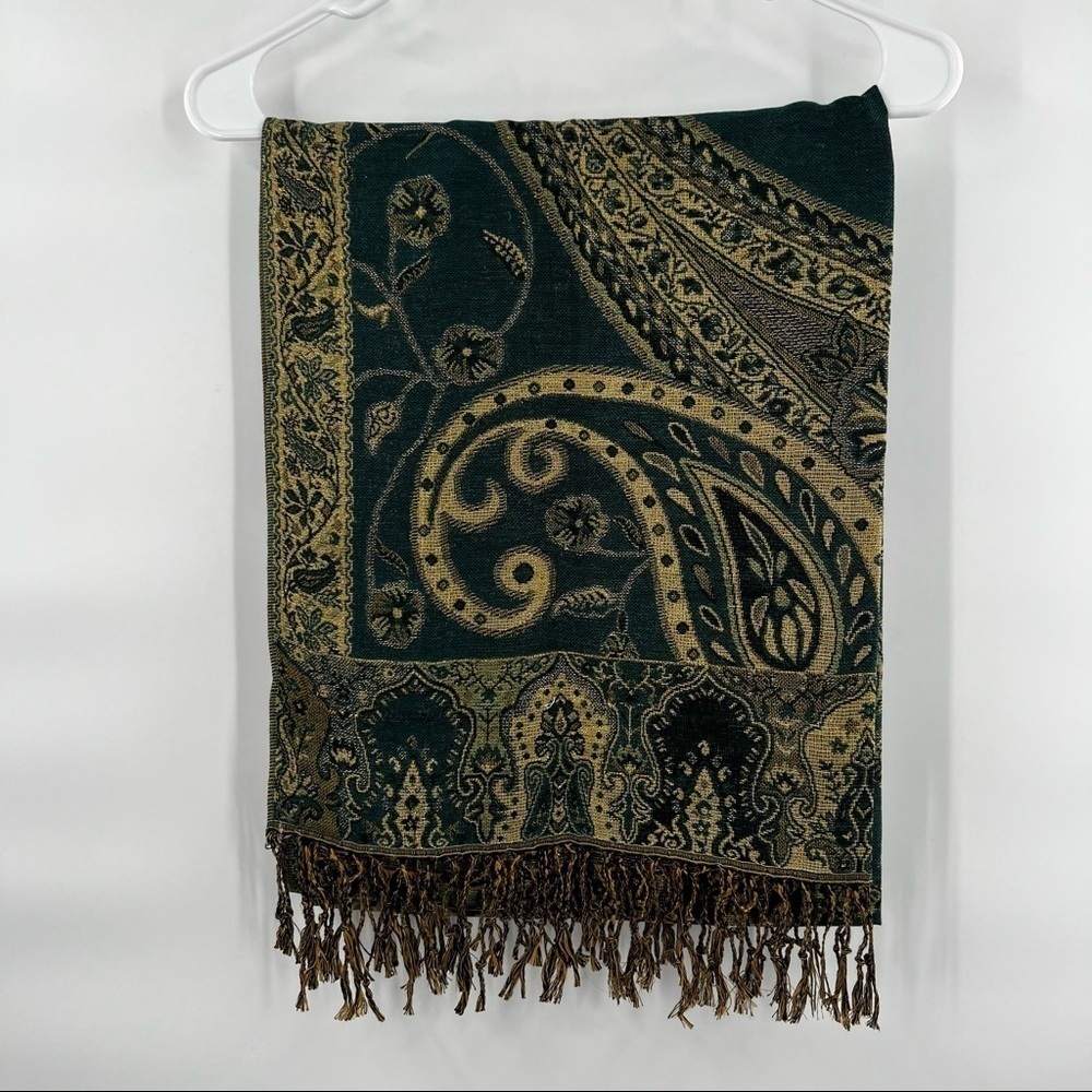 Pashmina and silk scarf gold blue hues - Picture 5 of 9